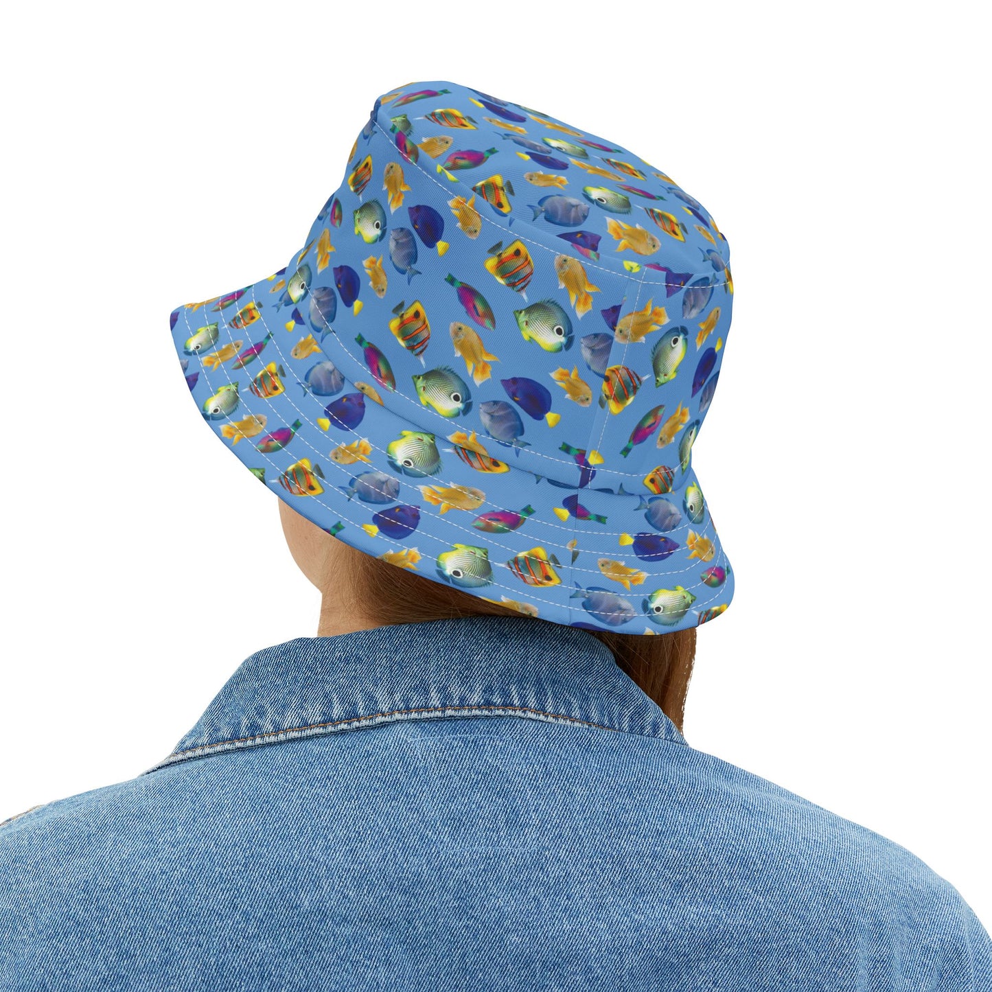 Tropical Polyester Bucket Hat, 2 Sizes - School of Fish / Light Blue