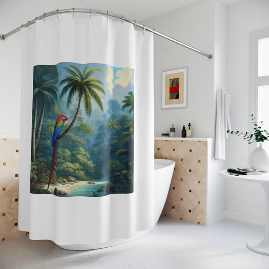 Tropical Shower Curtain - Rainforest Bathroom Decor / Sleeping Beauty Parrot, White