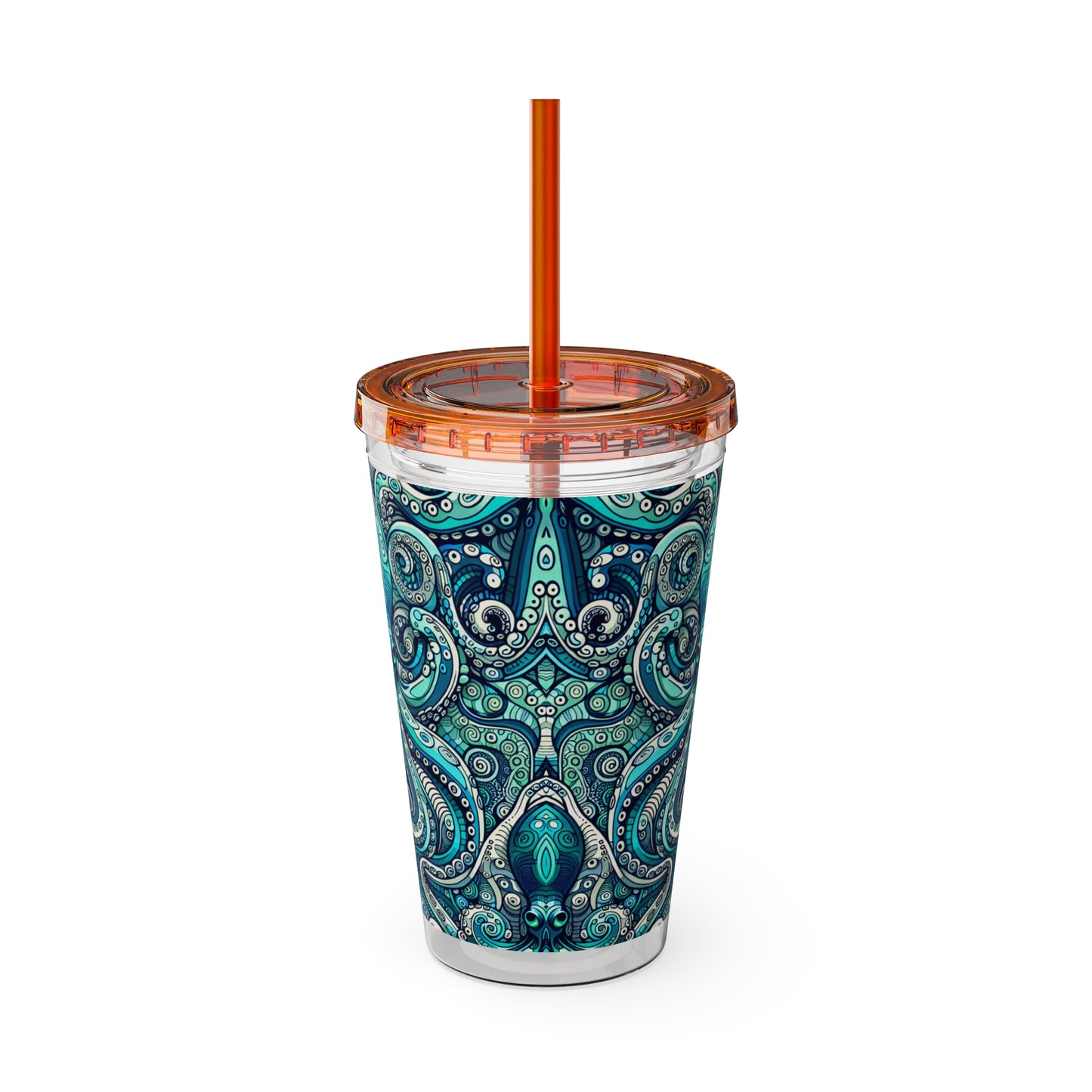 Tropical Tumbler with Straw | 16oz Colorful Travel Cup / Aqua Octopus
