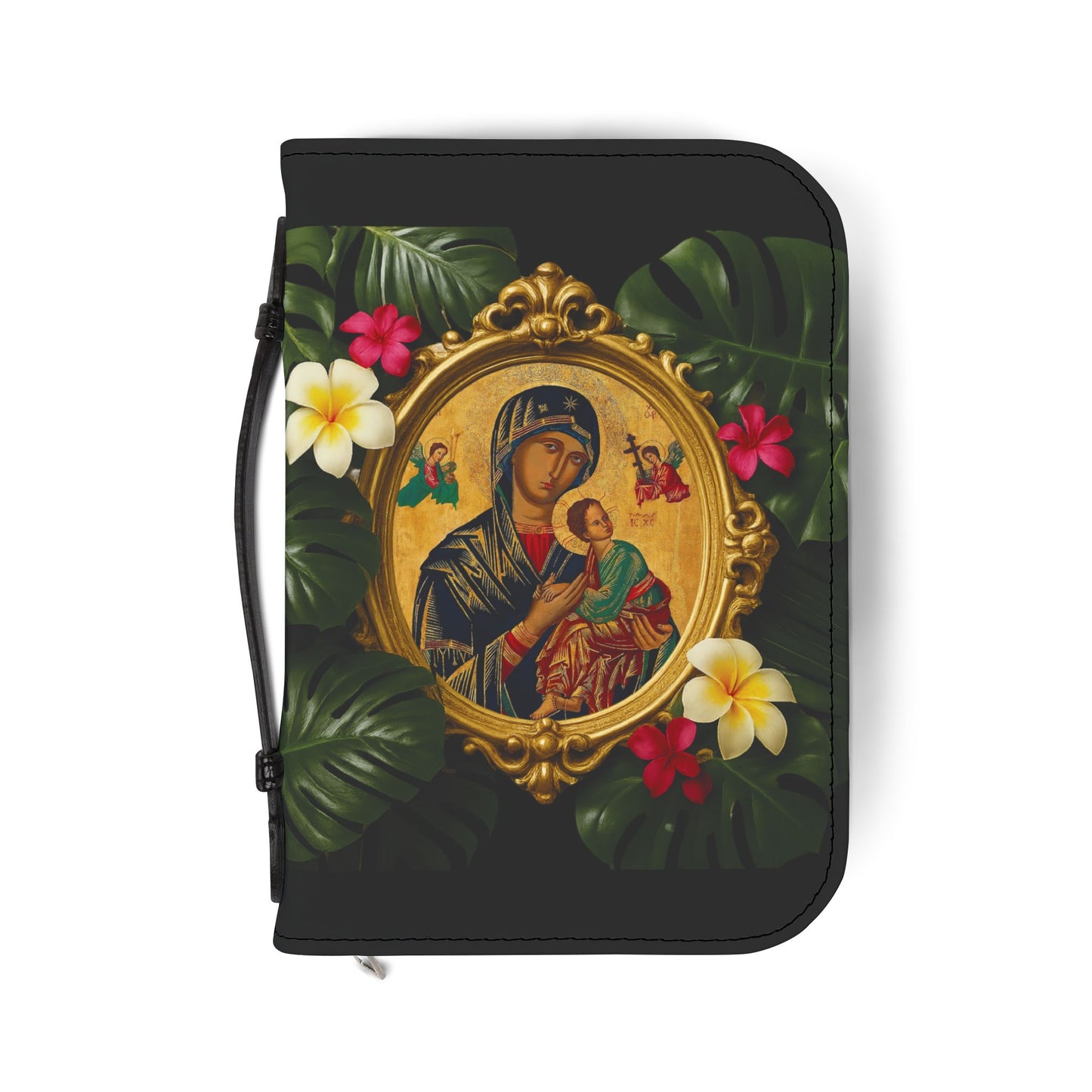 Tropical Bible Cover, Our Lady of Perpetual Help Black / Floral Bible Protector, Church Accessories