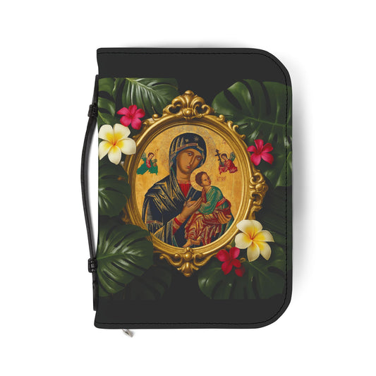 Tropical Bible Cover, Our Lady of Perpetual Help Black / Floral Bible Protector, Church Accessories