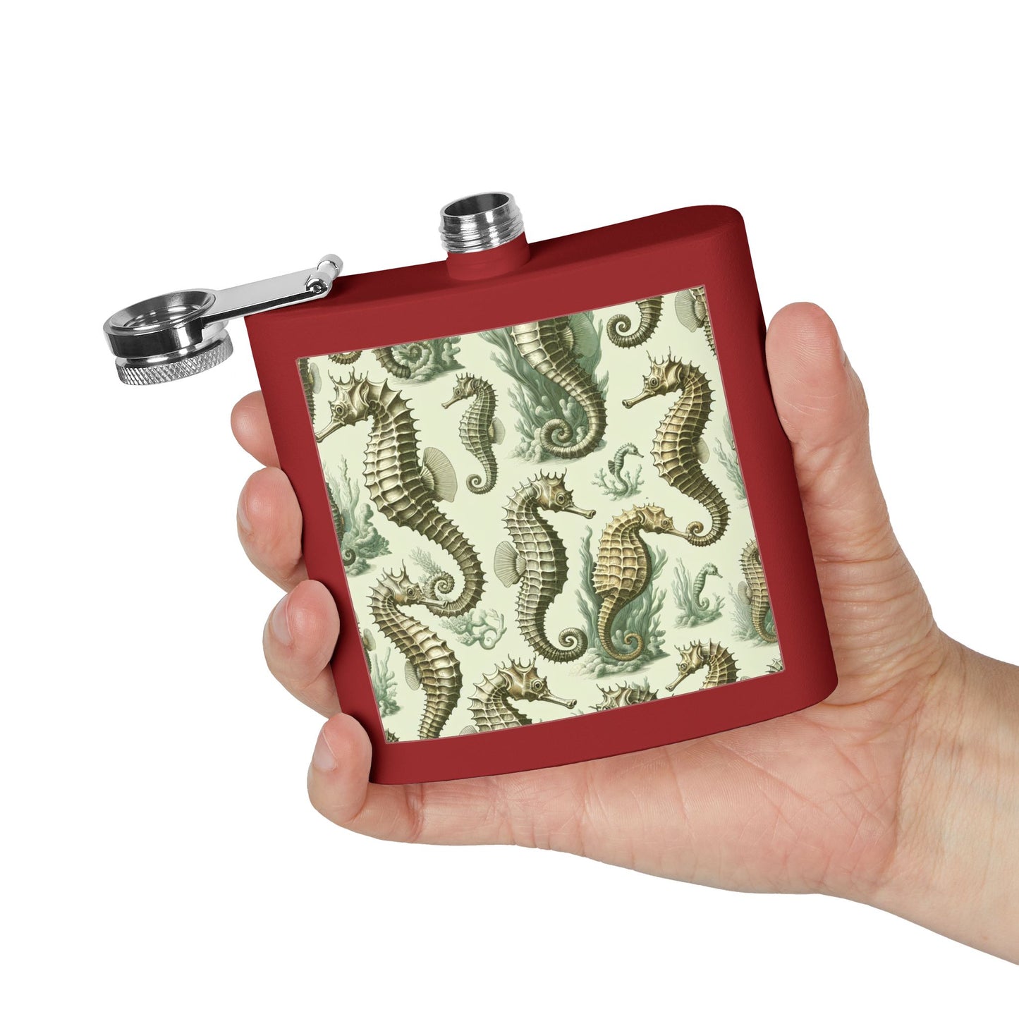 Tropical Stainless Steel 6 oz. Flask, Many Colors  – Green Toile Seahorses