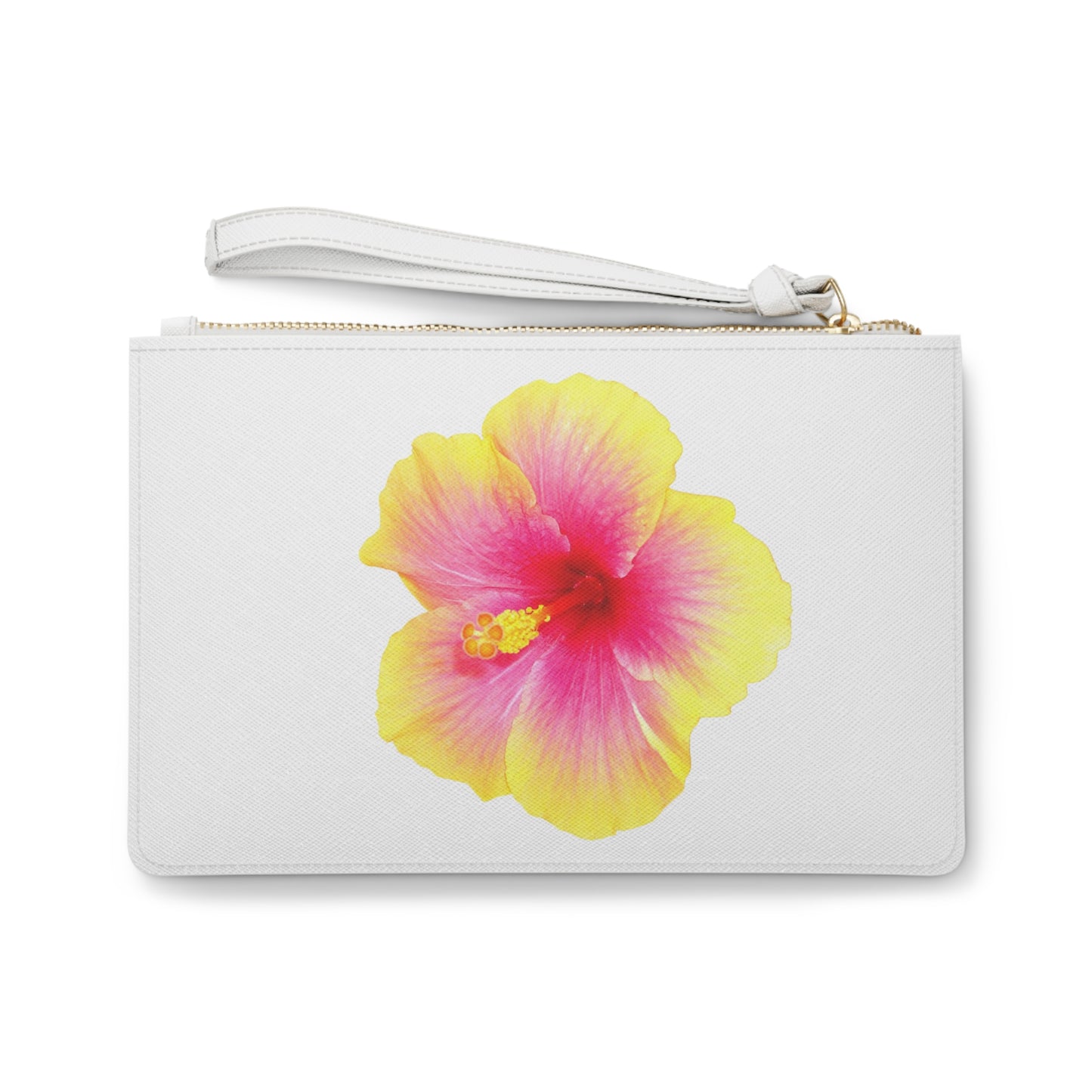 Tropical Faux Leather Clutch Bag - Perfect for Beach Adventures & Summer Vacations / Photo Yellow Hibiscus, White