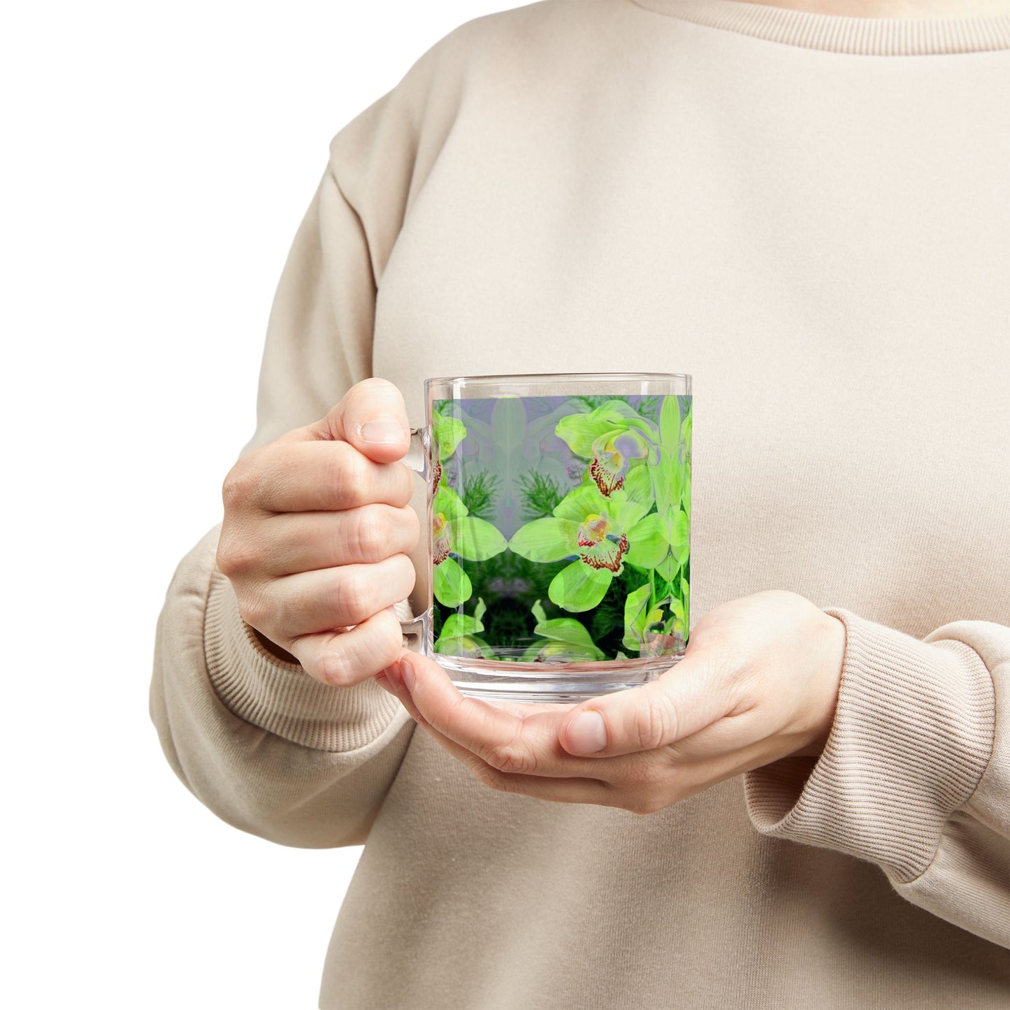 Kaleido Green Orchids Glass Mug - 10oz, Perfect for Flower Lovers