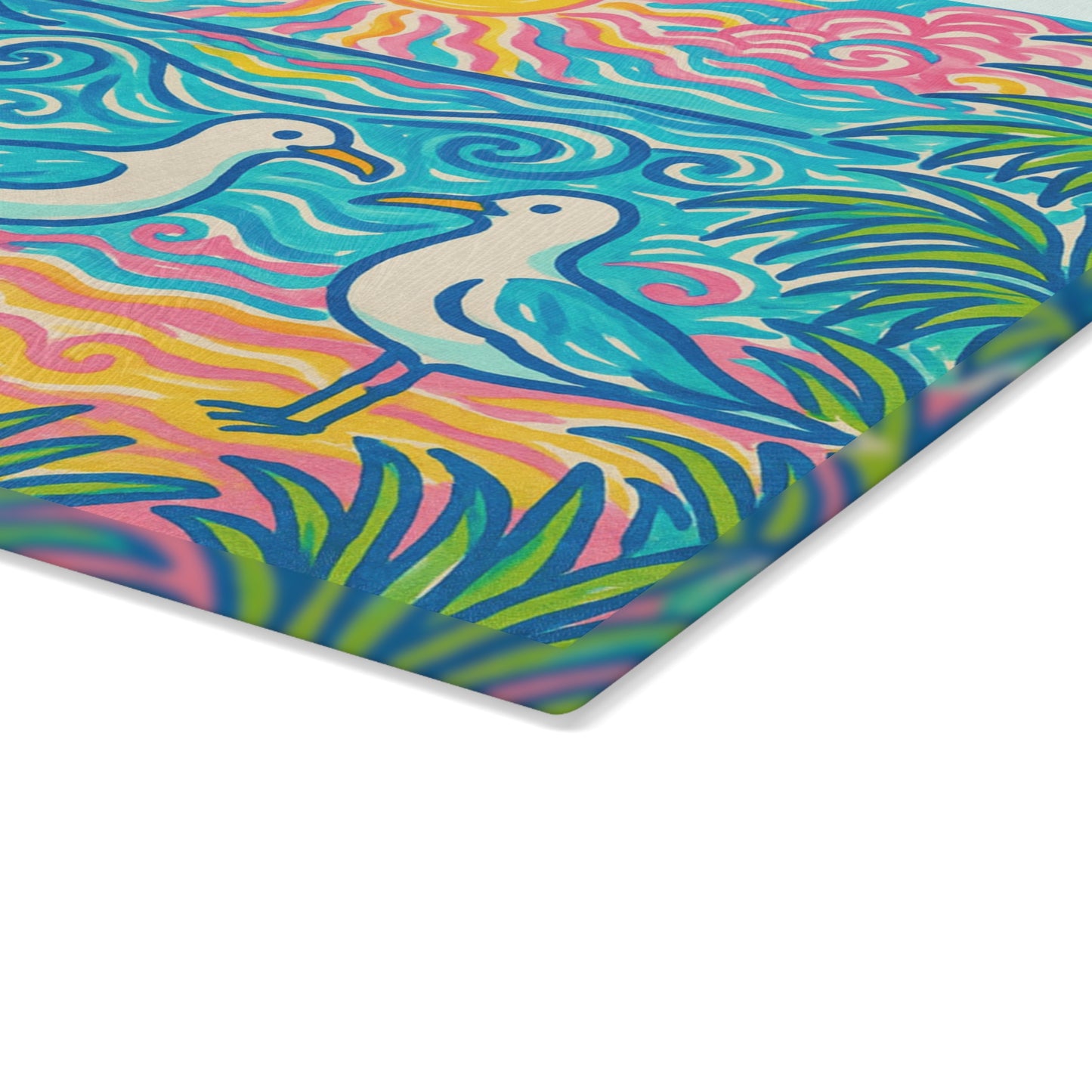 Glass Cutting Board, 2 sizes - Tropical Beach Seagulls