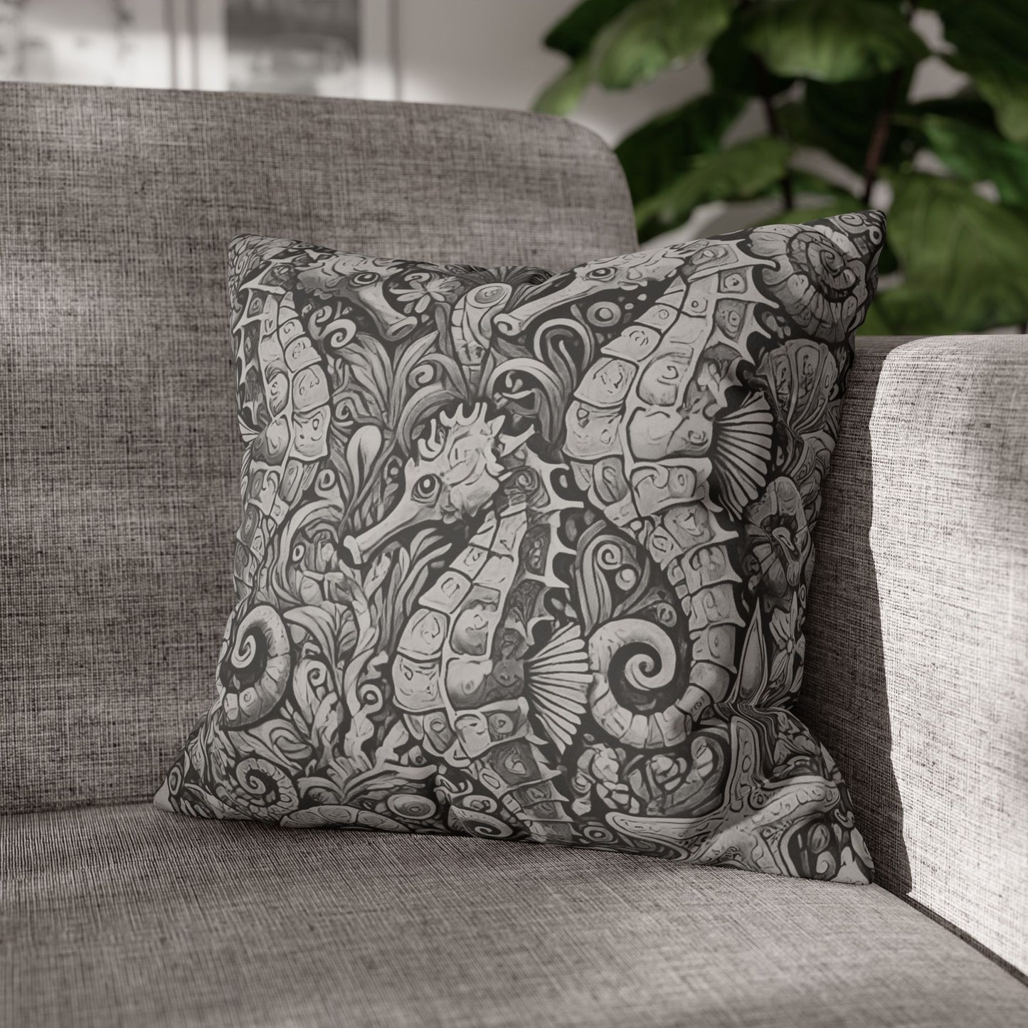 Faux Suede Square Pillowcase - Seahorse Trio, Noir