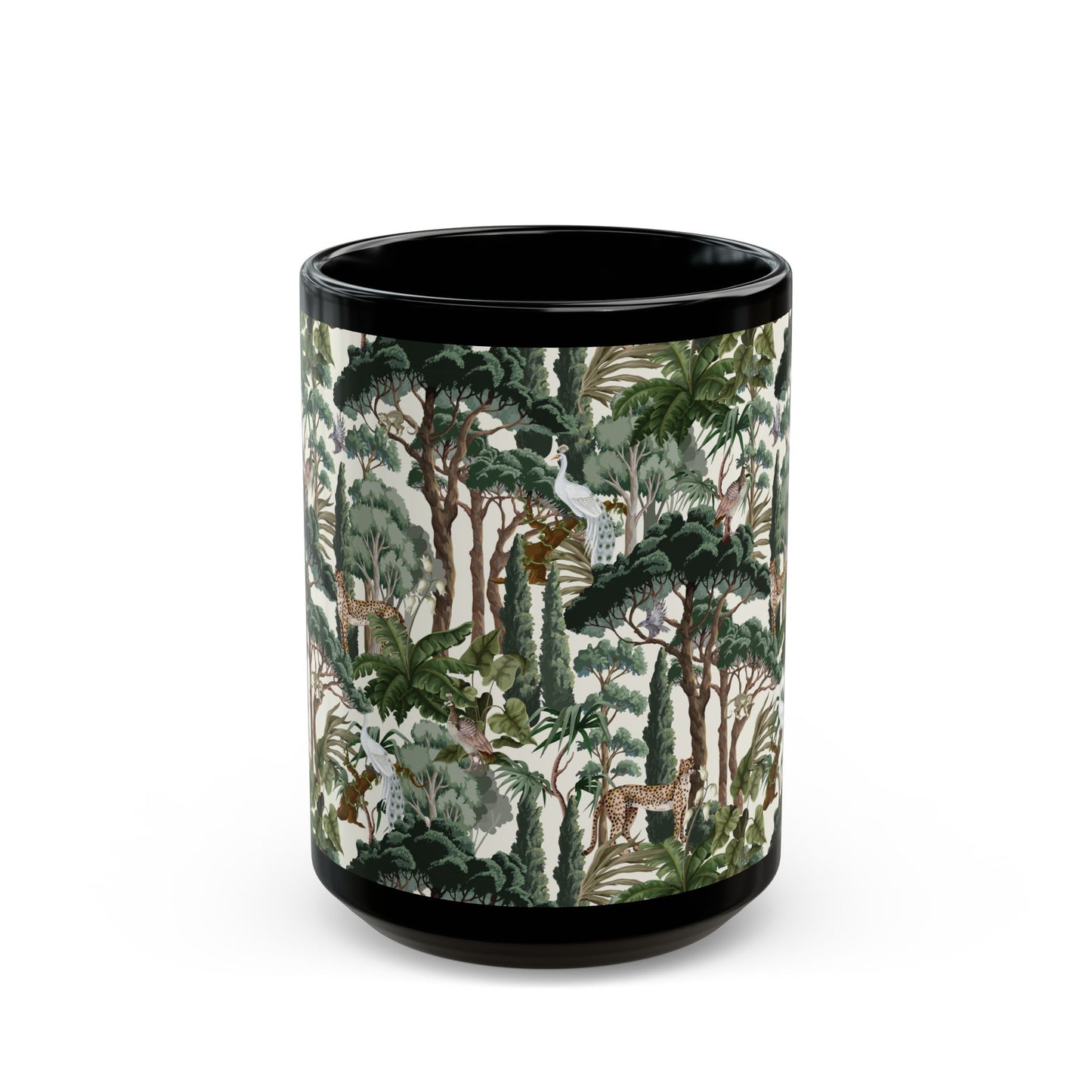 Black Mug (11oz, 15oz), Hiding Peacocks, White