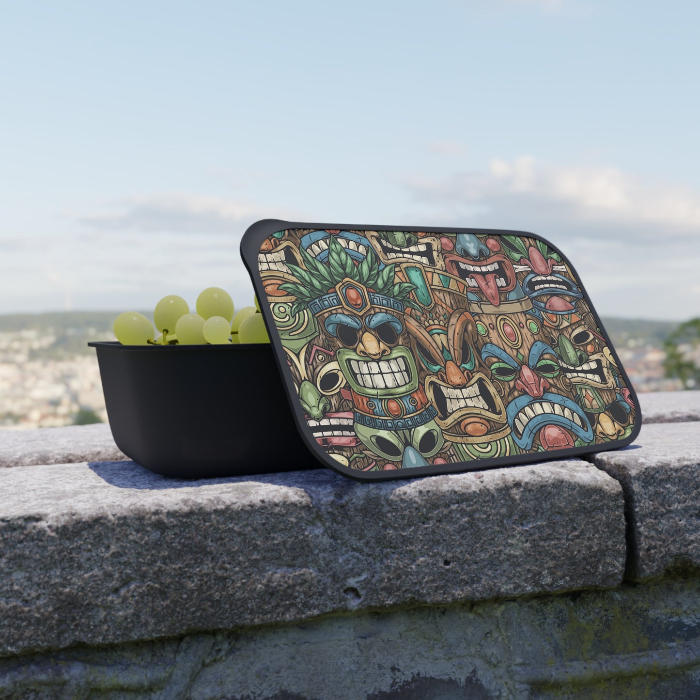 Tiki-Themed Bento Box with Utensils - Colorful Hawaiian Design / Tiki Legends