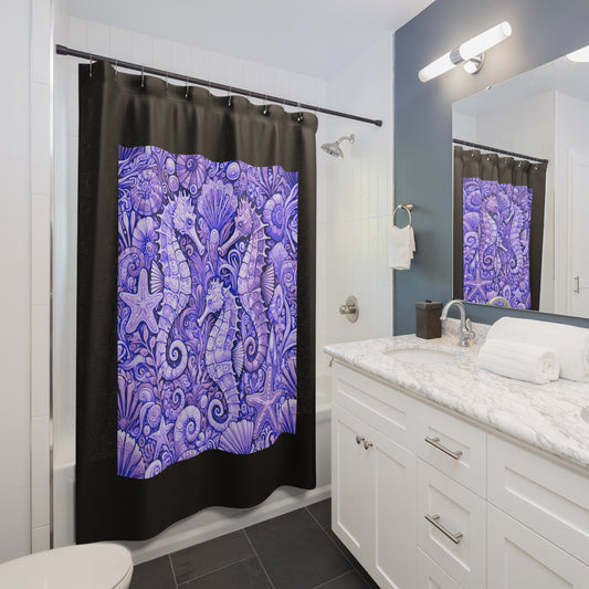 Tropical Shower Curtain - Ocean Bathroom Decor / Seahorse Trio Amethyst/Black