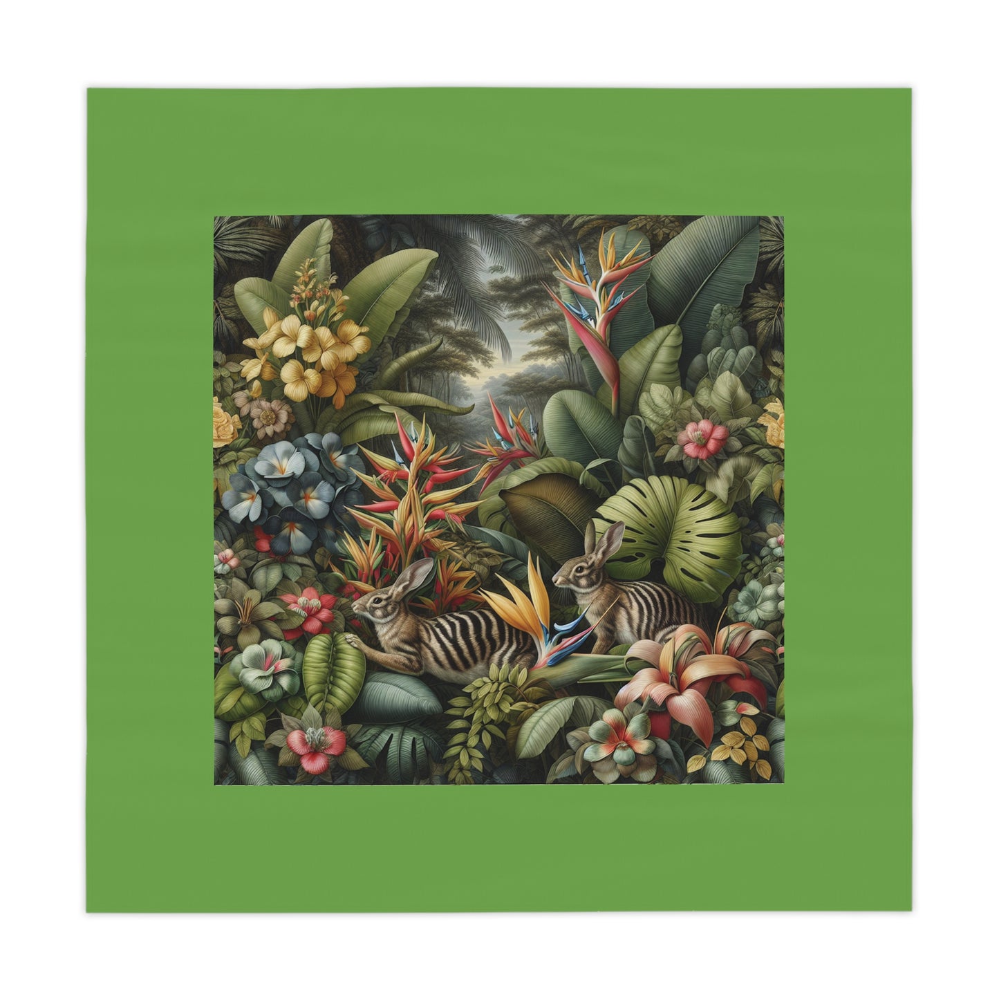 Rainforest Rabbit Outing/Green Tablecloth, 55" x 55"