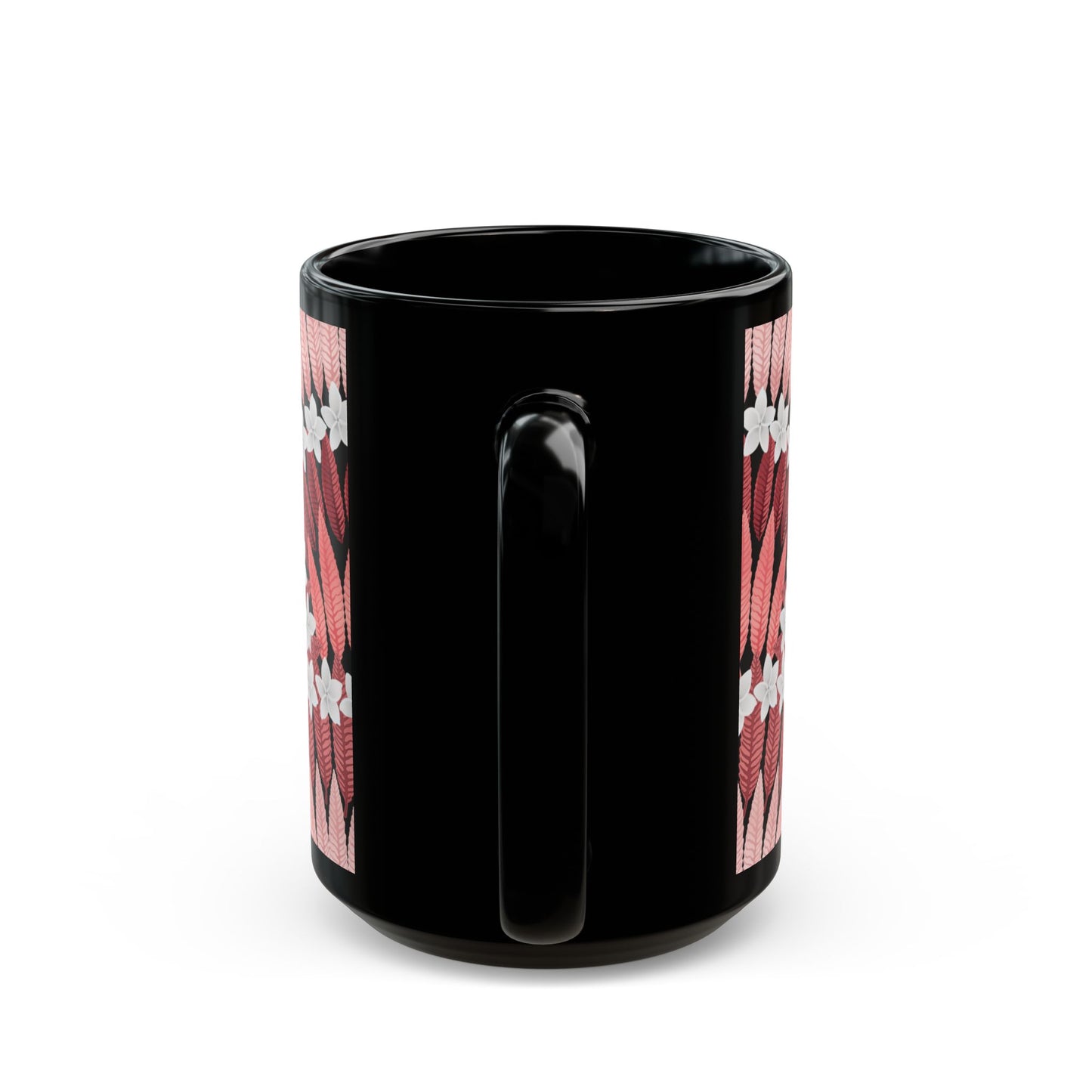 Black Mug (11oz, 15oz), Plumeria and Palms, Red