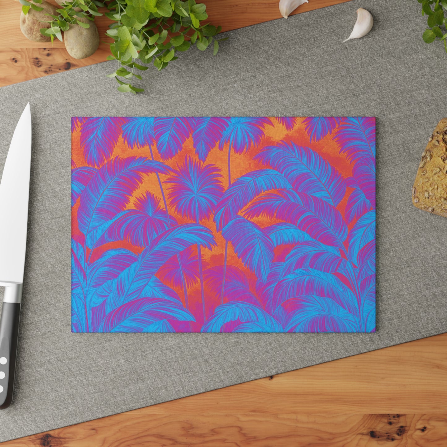 Glass Cutting Board, 2 sizes - Palm Serenity/Heatwave