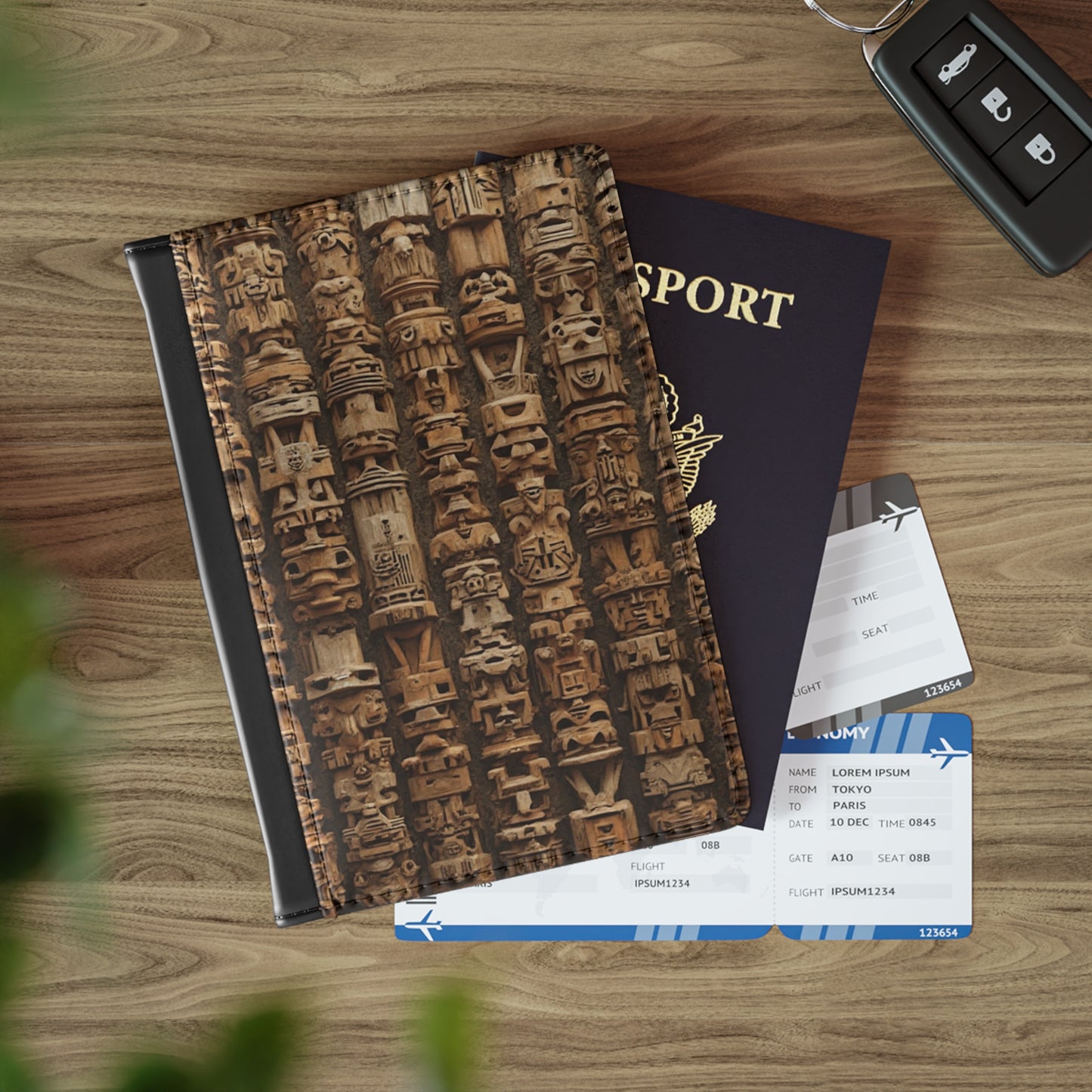 Tropical Passport Cover, Faux Leather - RFID blocking for travel security / Ancient Tiki Totems