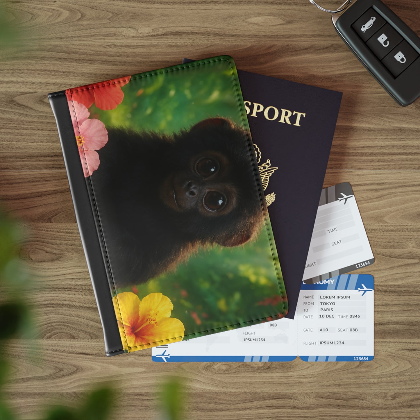 Tropical Passport Cover, Faux Leather - RFID blocking for travel security / Baby Howler Monkey