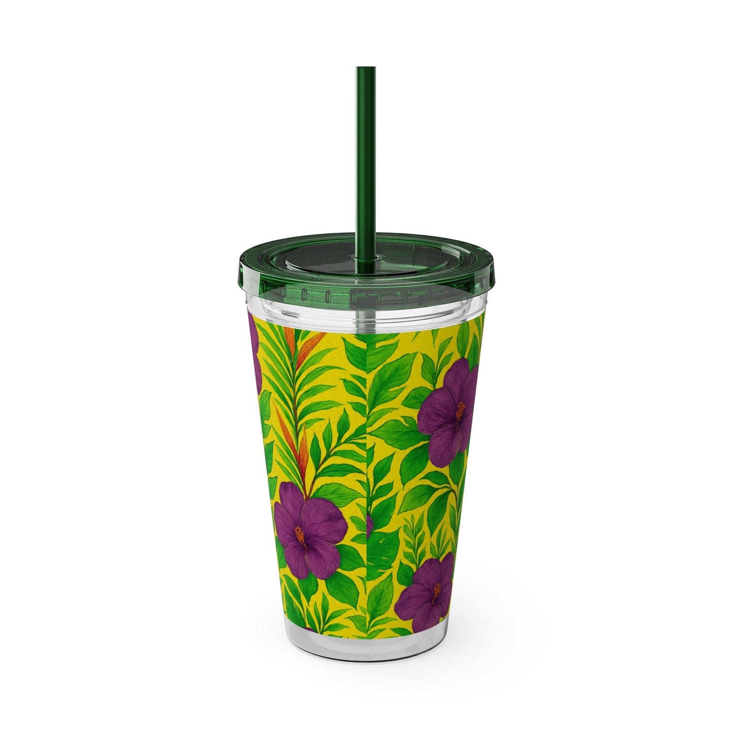 Tropical Tumbler with Straw | 16oz Colorful Travel Cup / Midnight Flower Yellow