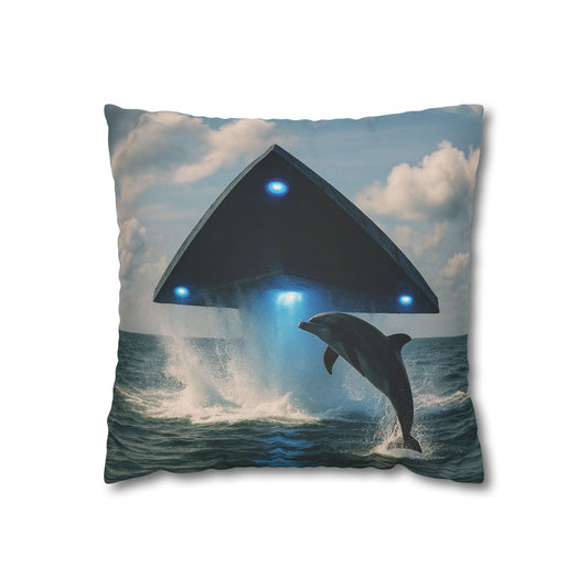 Faux Suede Square Pillowcase - UFO and Dolphin