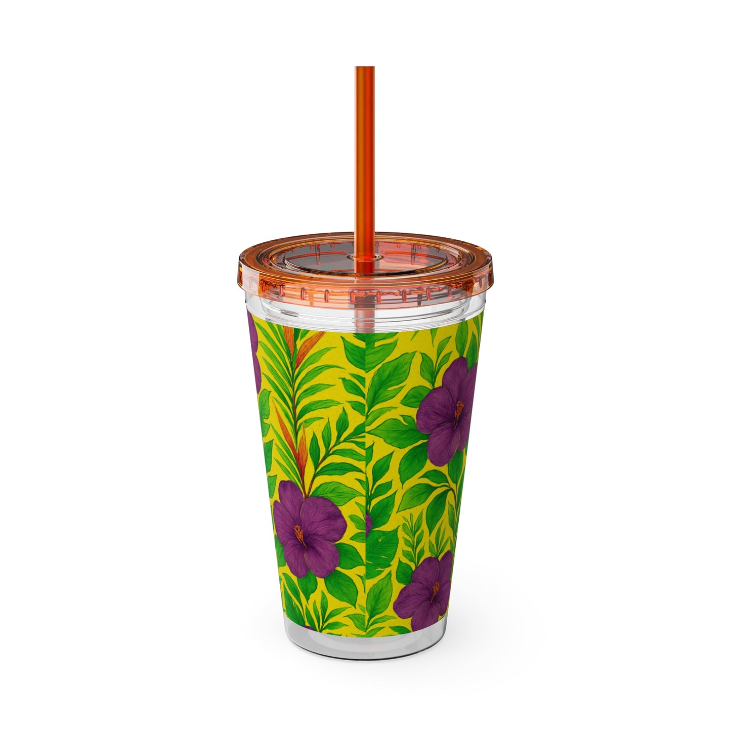 Tropical Tumbler with Straw | 16oz Colorful Travel Cup / Midnight Flower Yellow