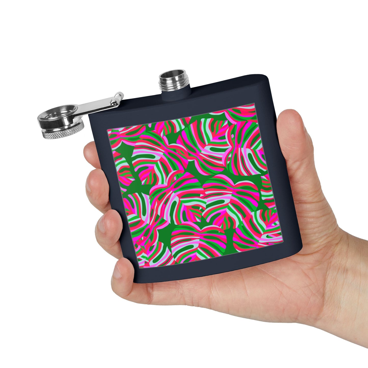 Tropical Stainless Steel 6 oz. Flask, Many Colors  – Neon Monstera Party