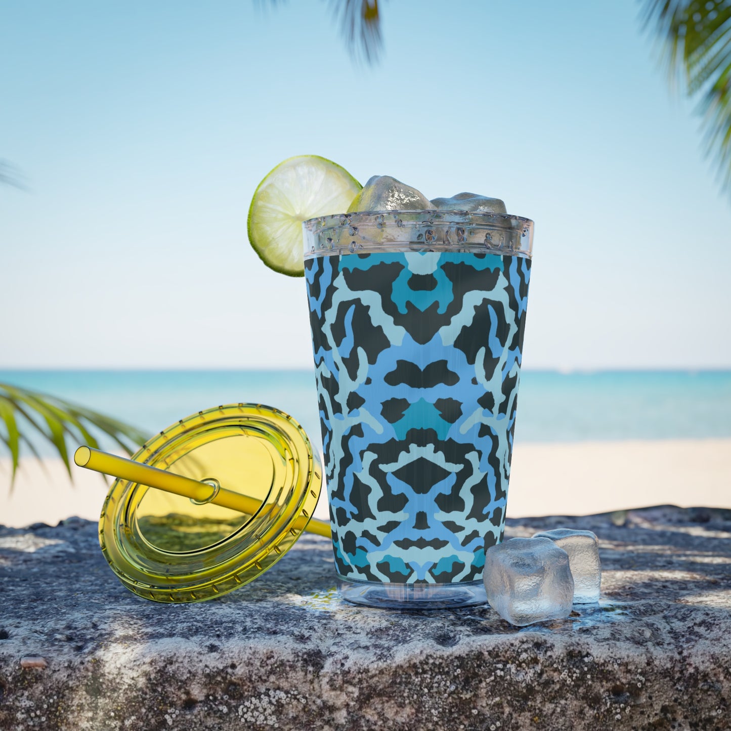 Tropical Tumbler with Straw | 16oz Colorful Travel Cup / Coral Threads, Blue