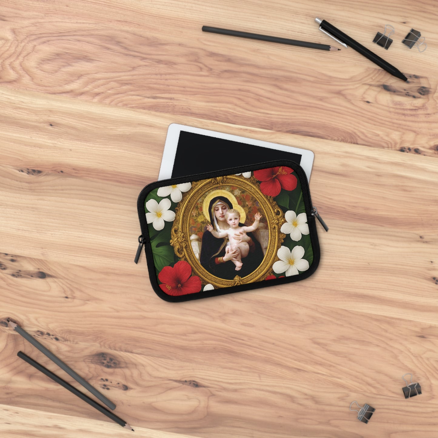 Religious Floral Laptop Computer Sleeve, Portable Tech Gift / Virgin of the Lilies