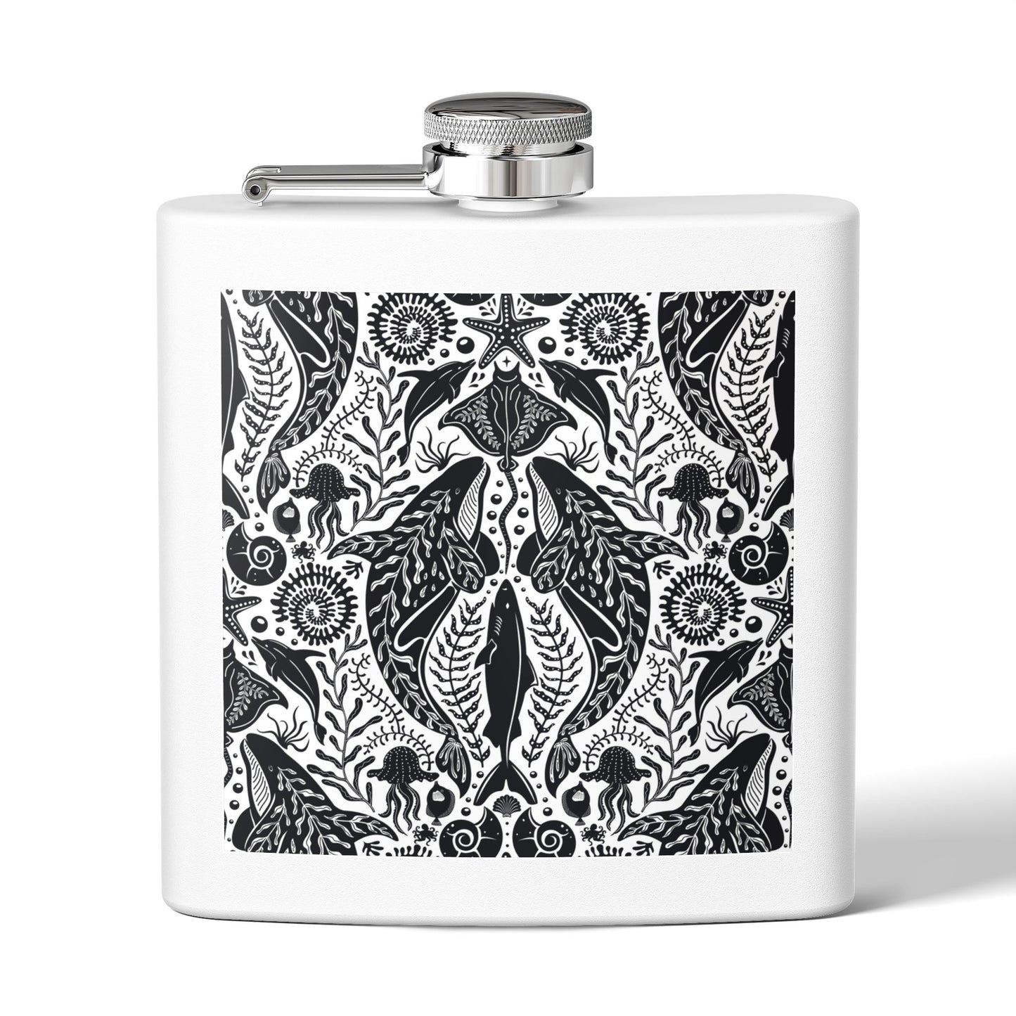 Tropical Stainless Steel 6 oz. Flask, Many Colors  – Mystic Ocean, Black/White