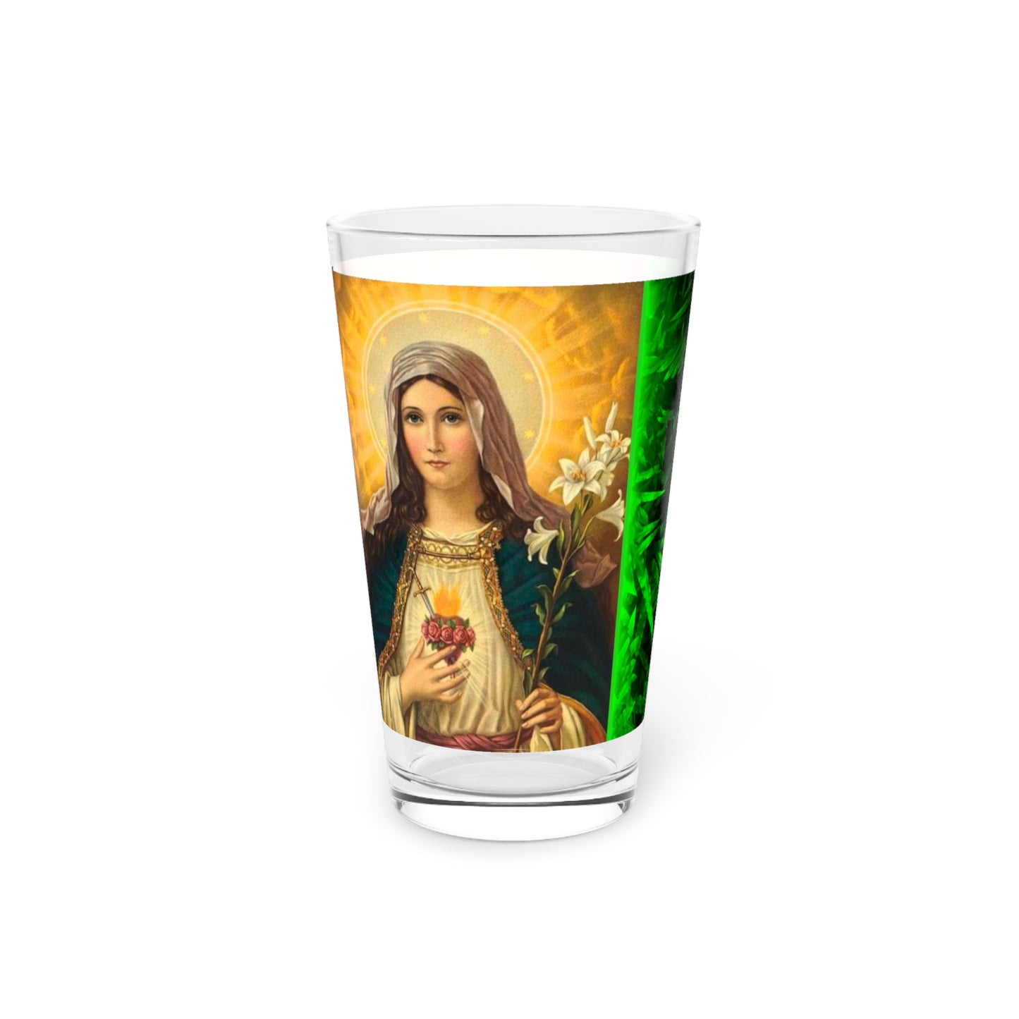 Religious Pint Glass, 16oz, Tropical Glow Jesus and Mary