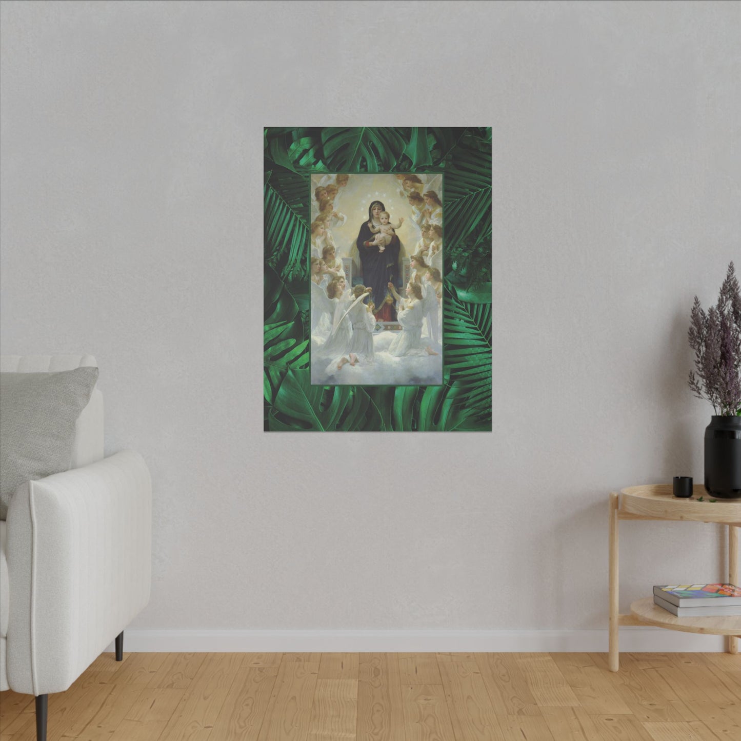 "Tropical Rainforest Our Lady With Angels" Religious Canvas Artwork - Stretched Canvas Print / Virgin Mary & Jesus