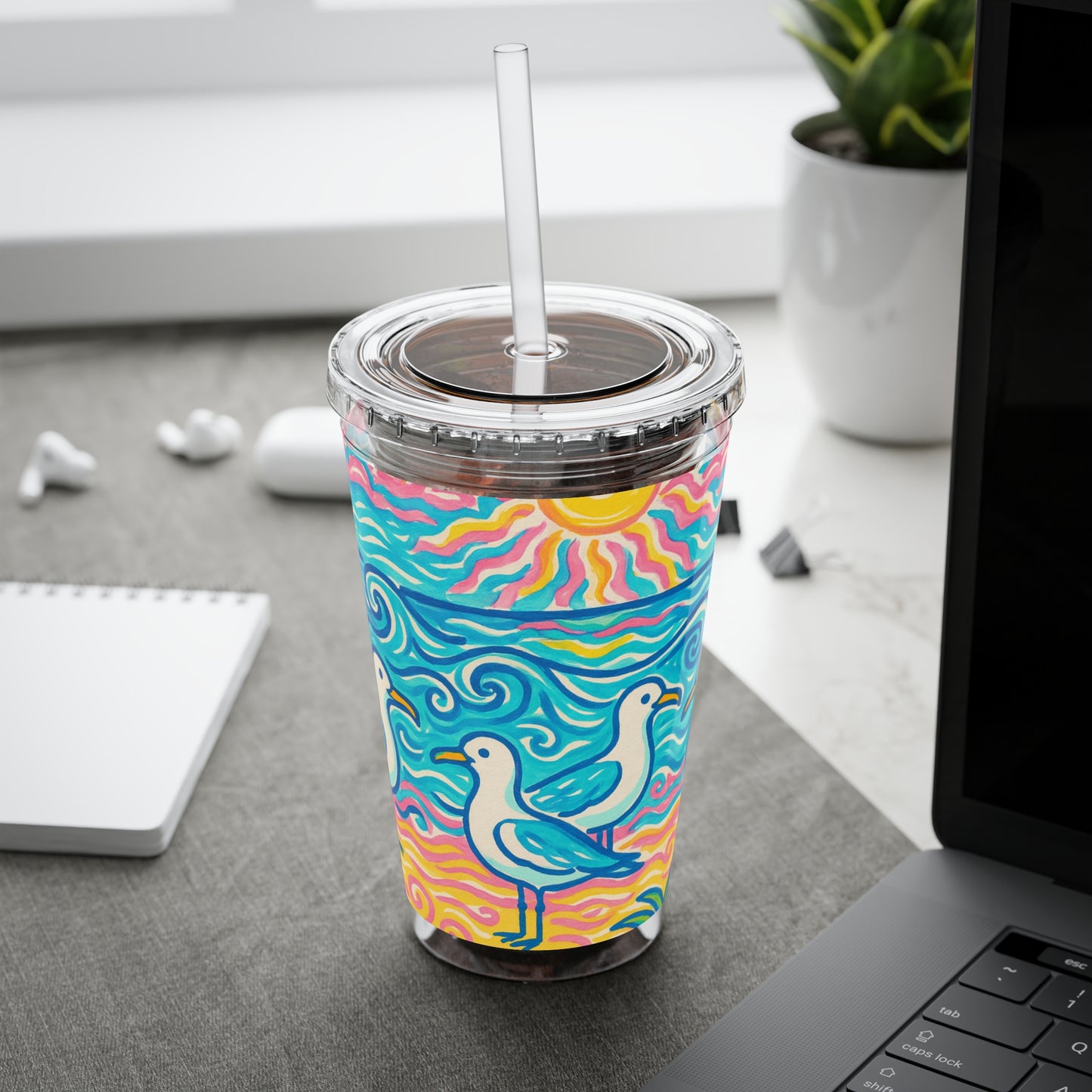 Tropical Tumbler with Straw | 16oz Colorful Travel Cup / Tropical Beach Seagulls