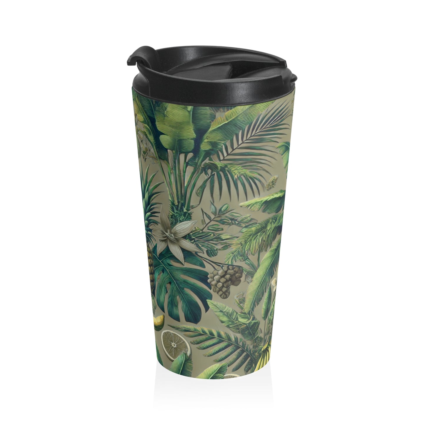 15 oz. Stainless Steel Travel Mug / Palms & Tropical Fruit, Taupe