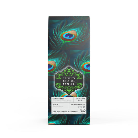 Rainforest Mist™ Single Origin DECAF (Medium Roast), Specialty Grade Craft Coffee / Peacock Eye Feather, Green