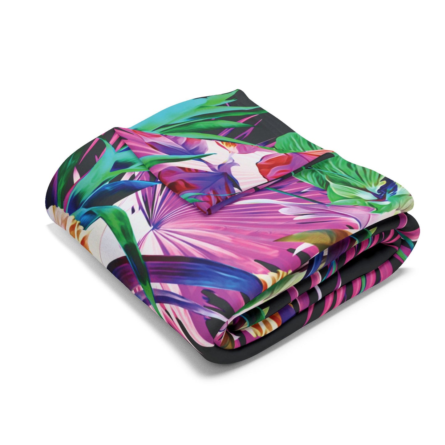 Black Plant Palooza Fleece Blanket - Colorful Tropical Botanical Design