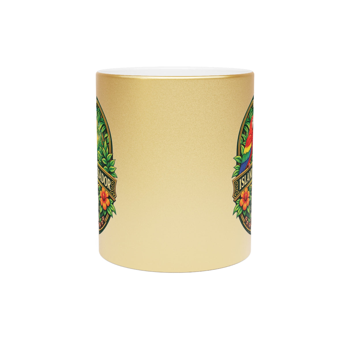 Island Ambassador Metallic Mug — Tropical Parrot Coffee Cup (Silver/Gold)