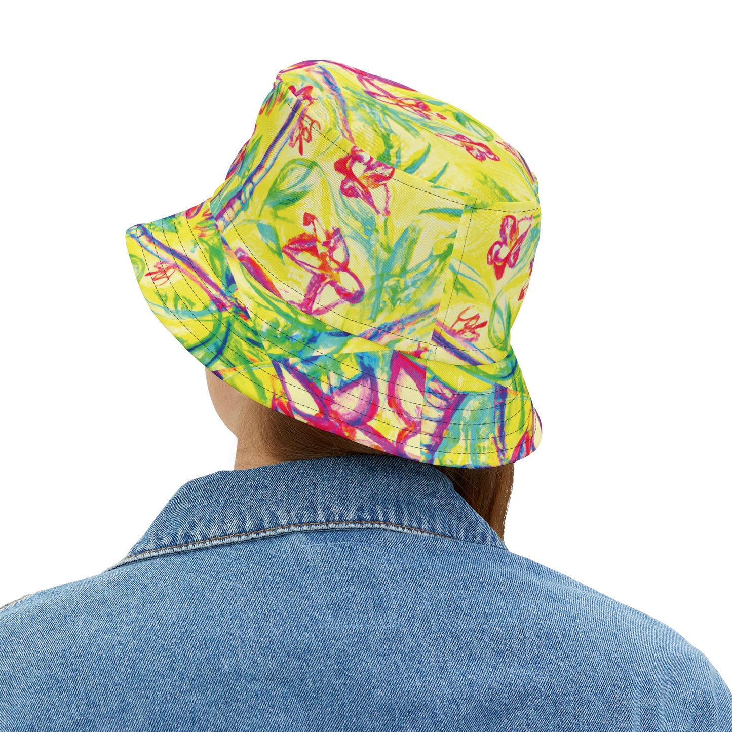 Tropical Polyester Bucket Hat, 2 Sizes - Tropical Doodles/Yellow