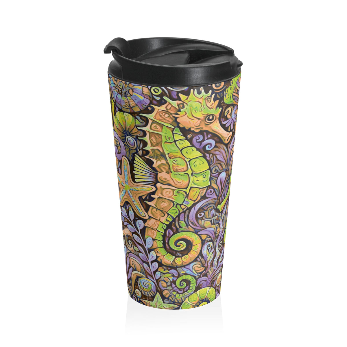 15 oz. Stainless Steel Travel Mug / Seahorse Trio, Purple & Yellow