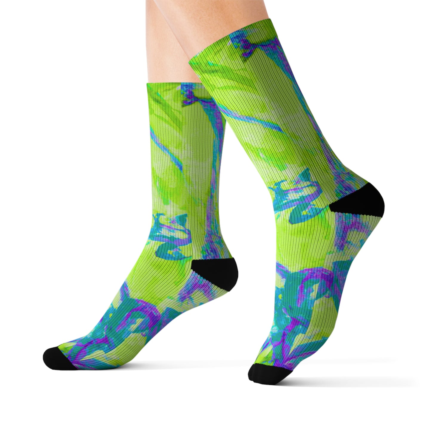 Lime Tropical Doodles Sublimation Fleece-Lined Socks - Colorful Palm Tree/Flower Design