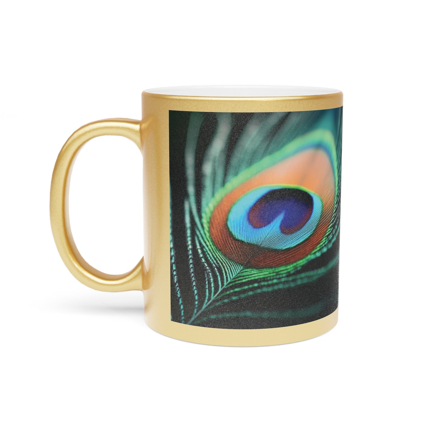 Tropical Metallic Mug, Gold or Silver: Peacock Eye Feather
