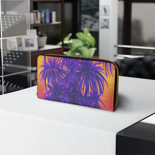 Tropical Zipper Wallet, Faux Leather / Vibrant Clutch / Tiny Palm Island, Pop