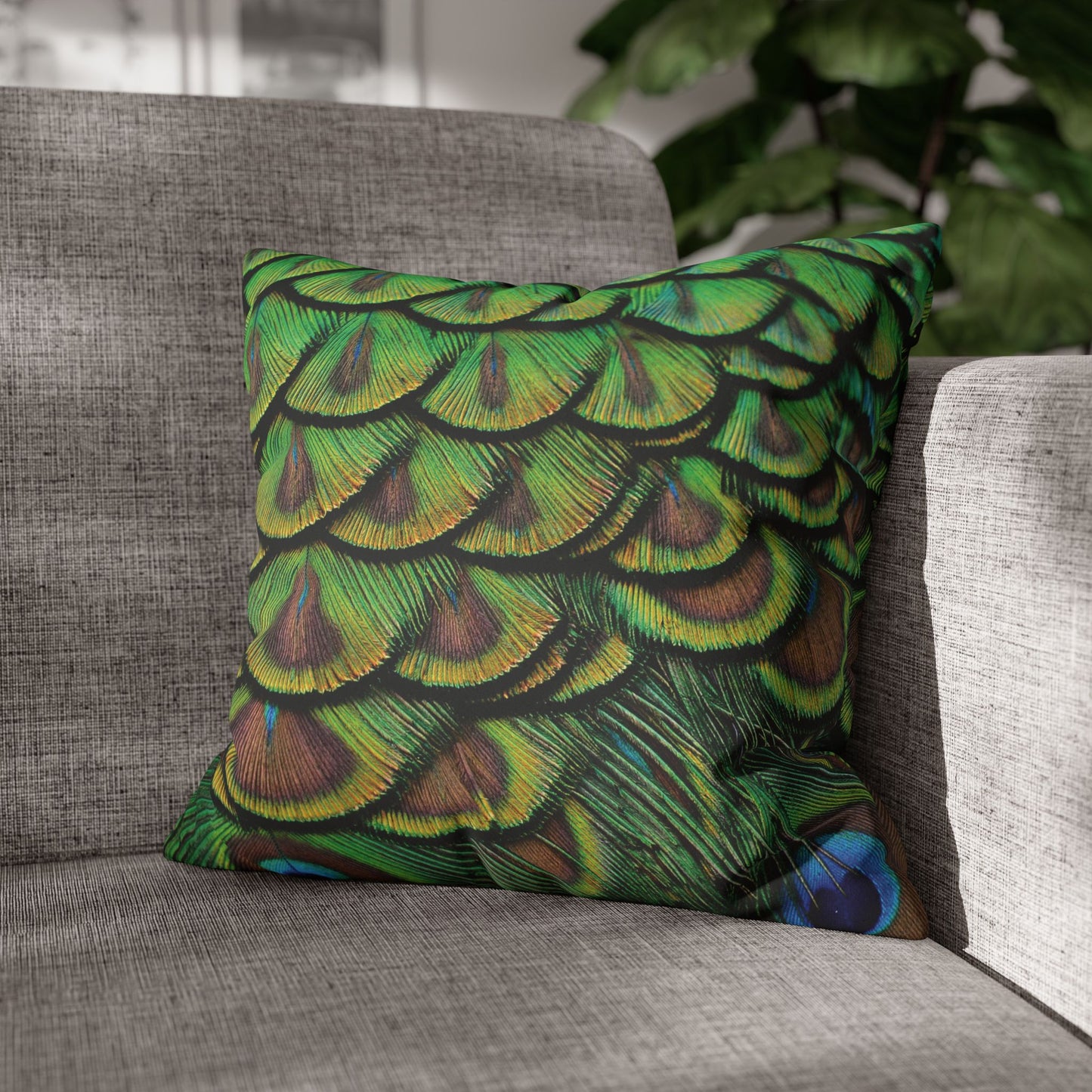 Faux Suede Square Pillowcase - Majestic Green Peacock Feathers