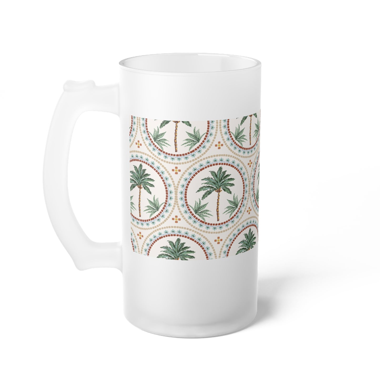 Frosted Glass Beer Mug, Mosaic Palm Tree