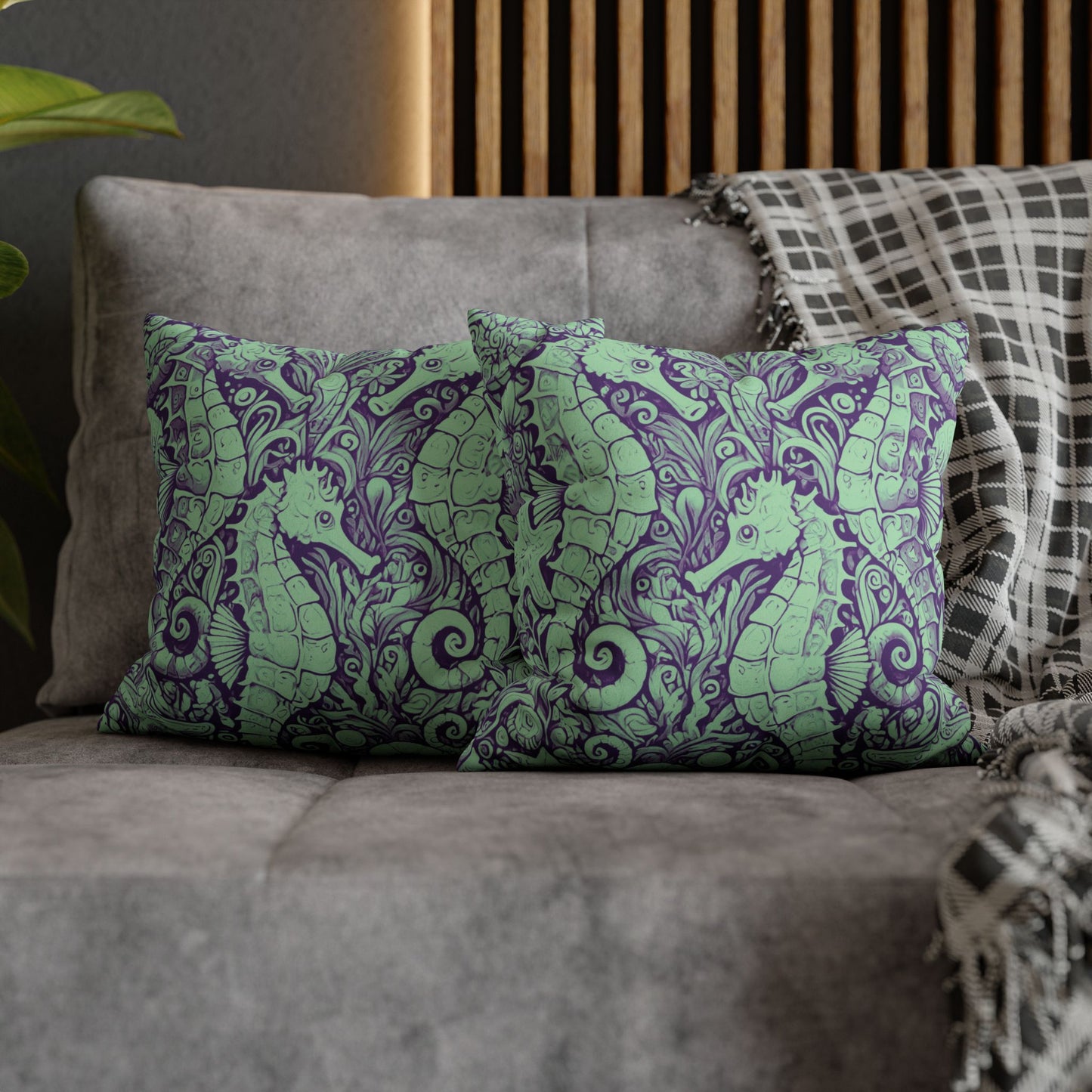Faux Suede Square Pillowcase - Seahorse Trio, Minty