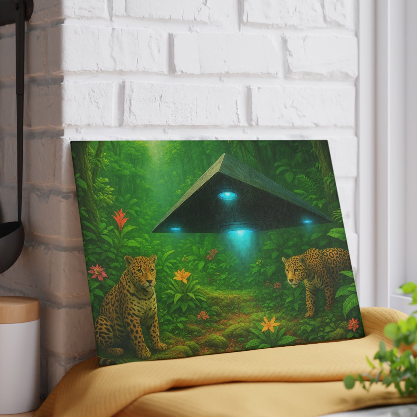 Glass Cutting Board, 2 sizes - Rainforest UFO and Jaguars