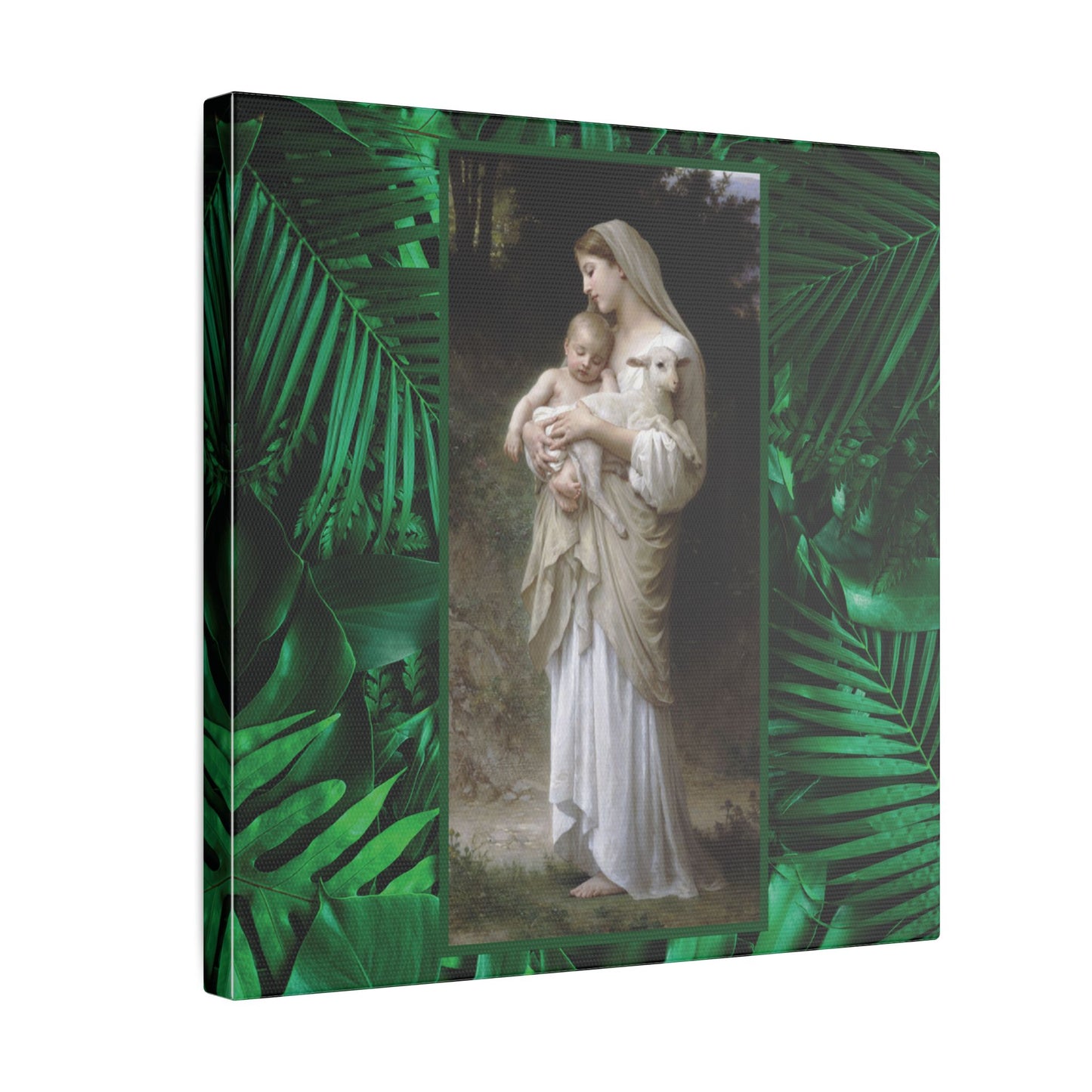 "Tropical Rainforest Innocence" Religious Canvas Artwork - Stretched Canvas Print / Virgin Mary & Jesus