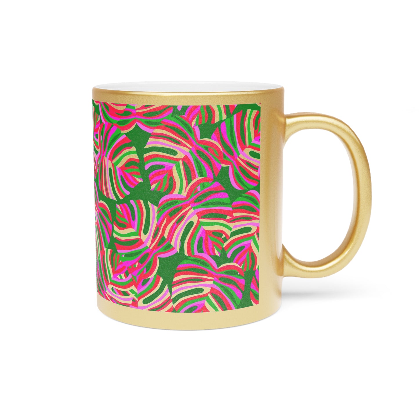 Tropical Metallic Mug, Gold or Silver - Monstera Pink Pop