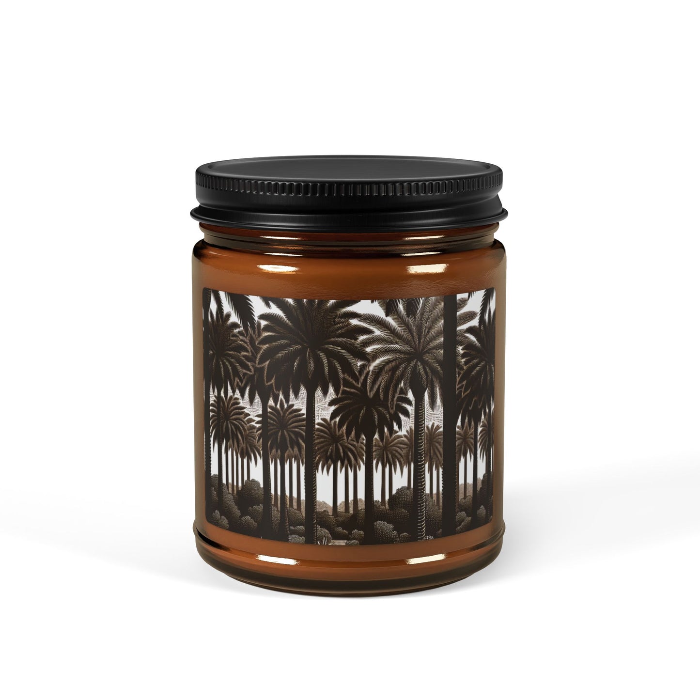 Scented Soy Candle (Multi-Size, Amber Jar) - Woodcut Palm Grove