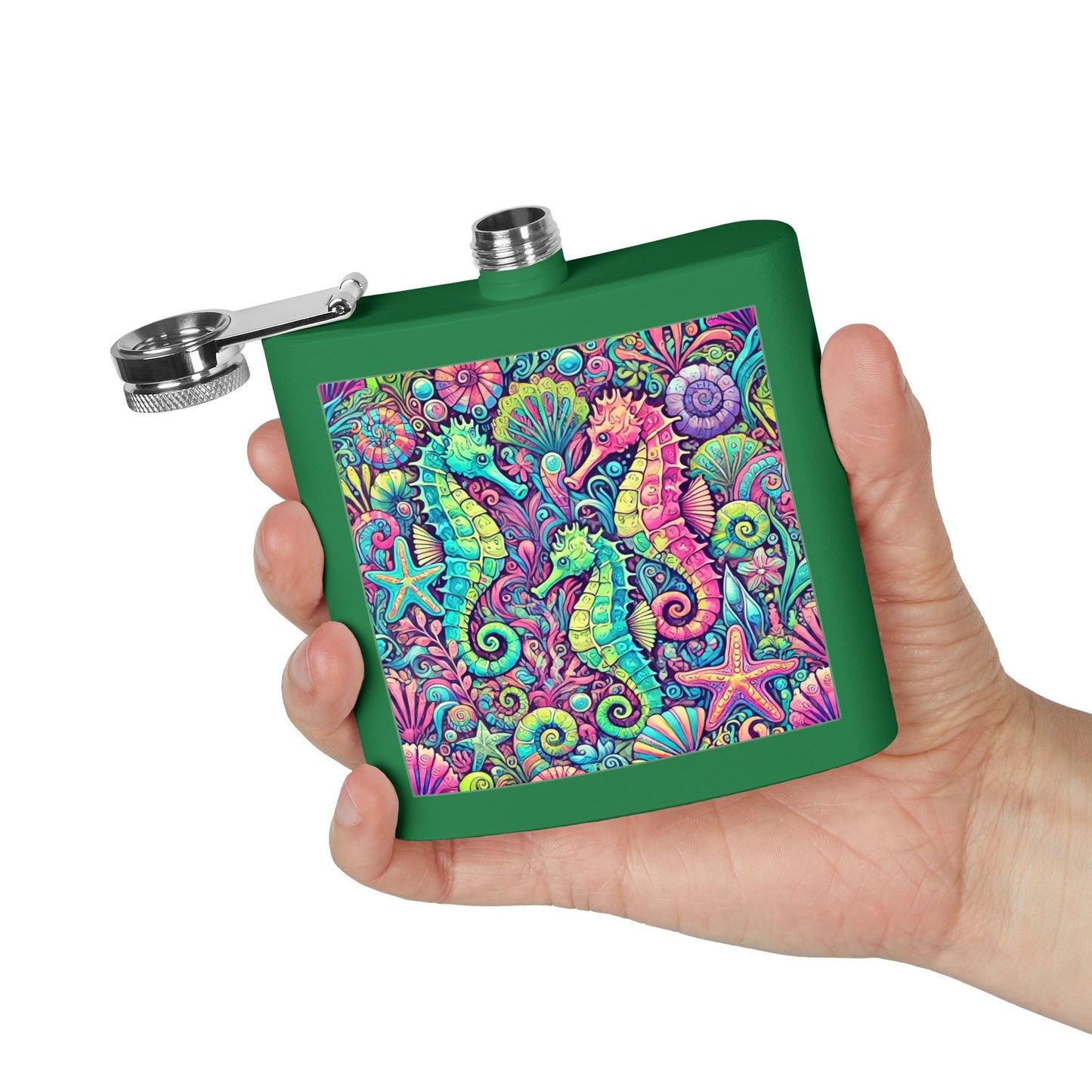 Tropical Stainless Steel 6 oz. Flask, Many Colors  – Seahorse Trio