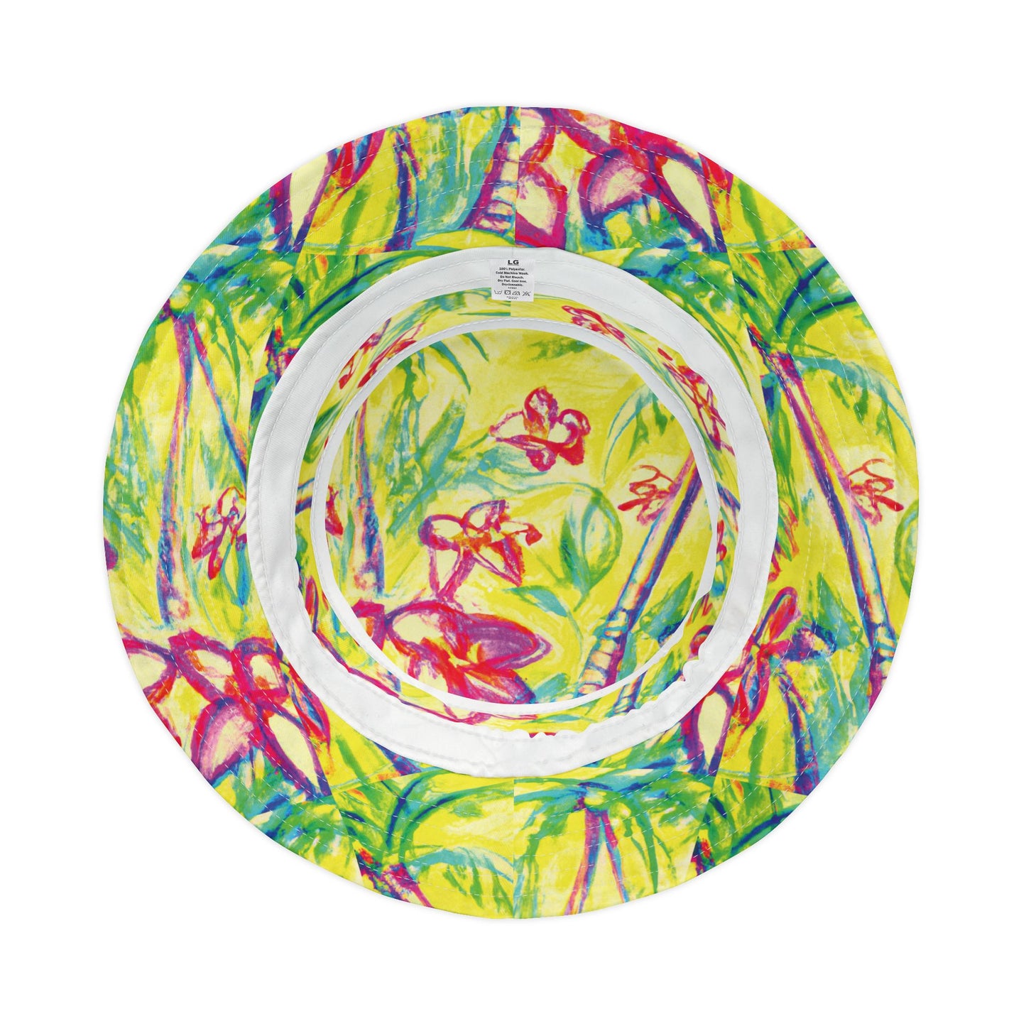 Tropical Polyester Bucket Hat, 2 Sizes - Tropical Doodles/Yellow