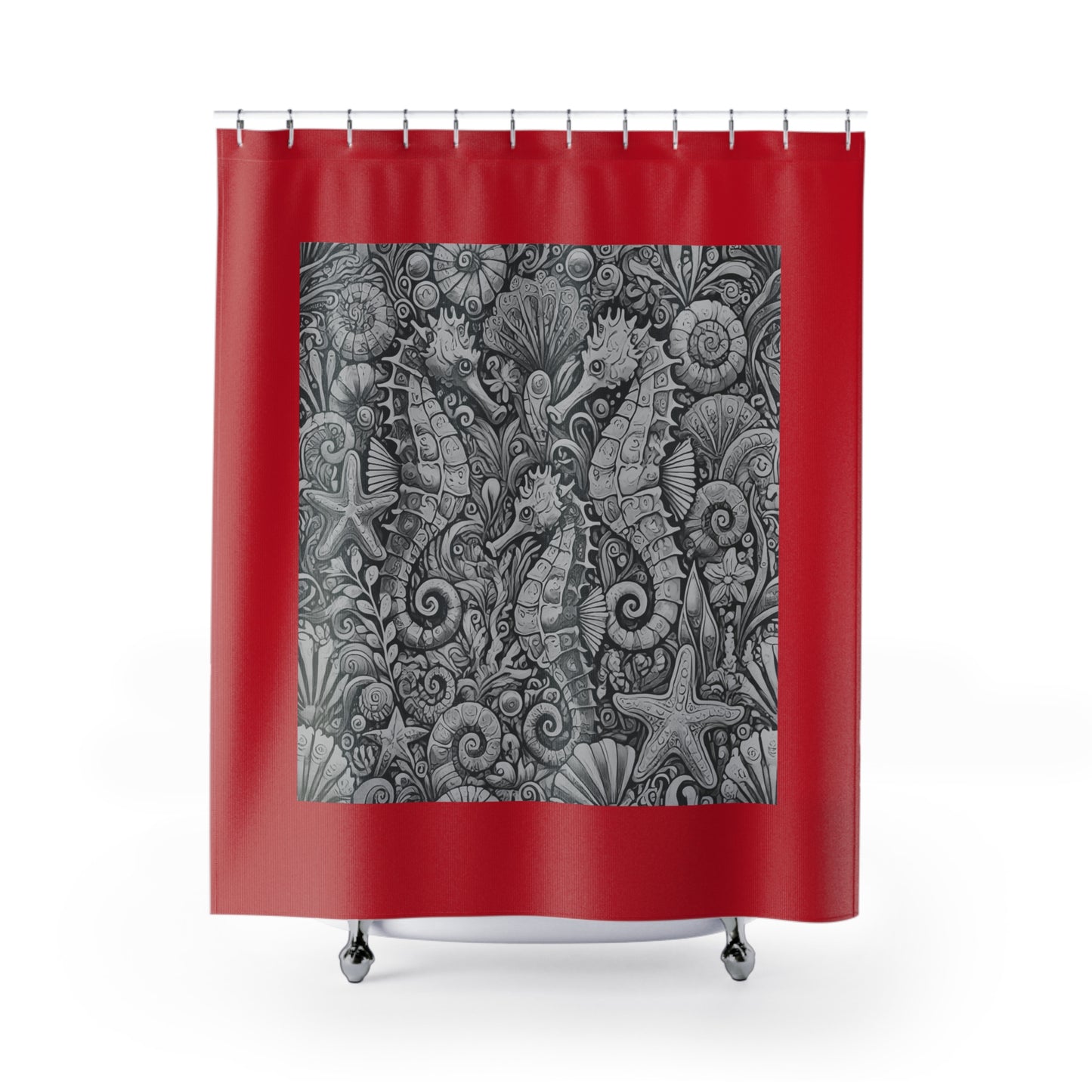 Tropical Shower Curtain - Ocean Bathroom Decor / Seahorse Trio Noir/Dark Red