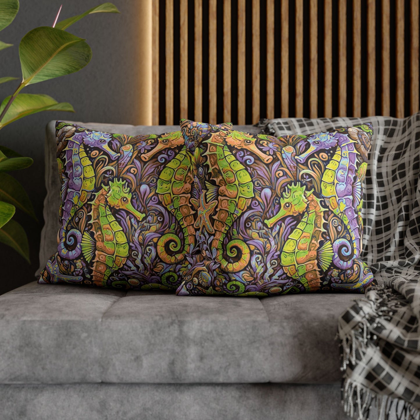 Faux Suede Square Pillowcase - Seahorse Trio, Purple