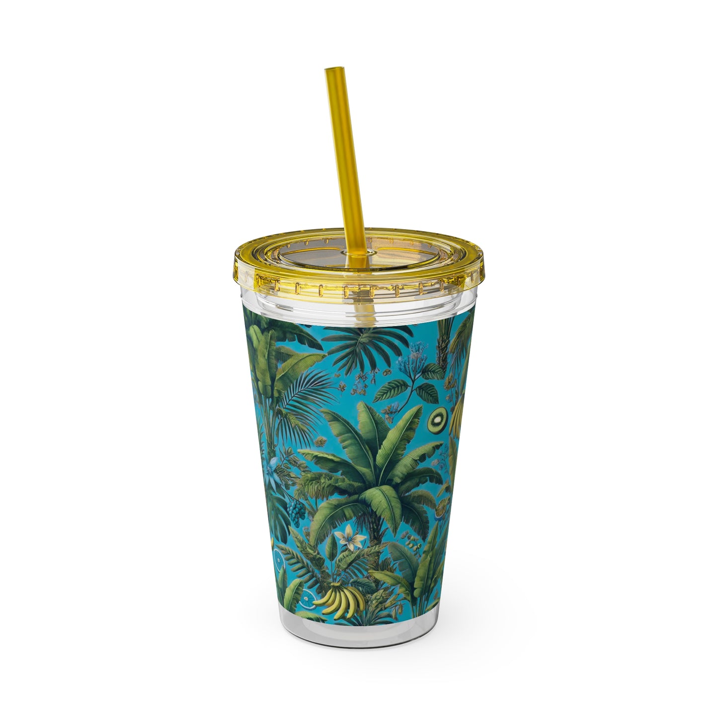Tropical Tumbler with Straw | 16oz Colorful Travel Cup / More Tropical Fruit, Aqua Blue