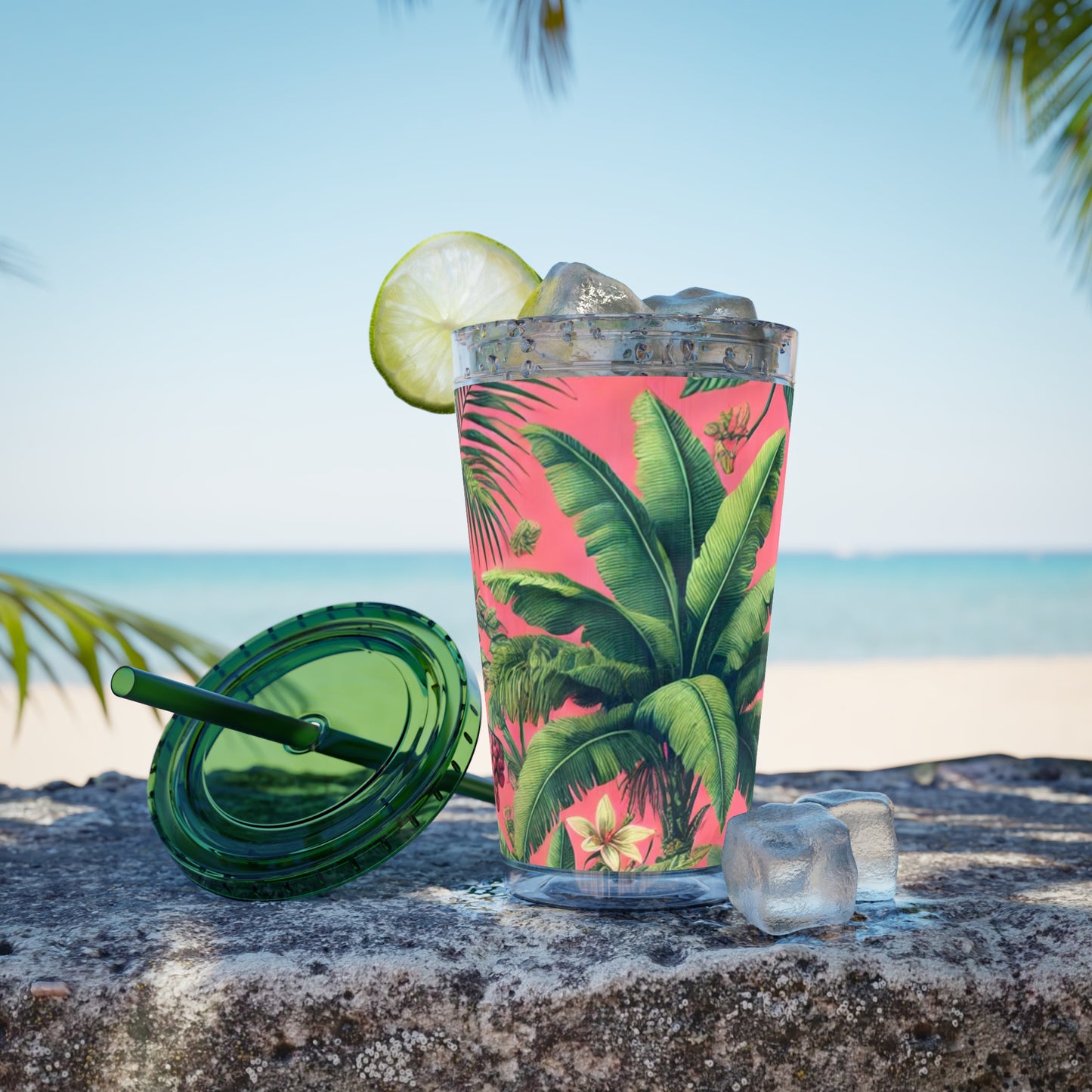 Tropical Tumbler with Straw | 16oz Colorful Travel Cup / More Tropical Fruit, Coral